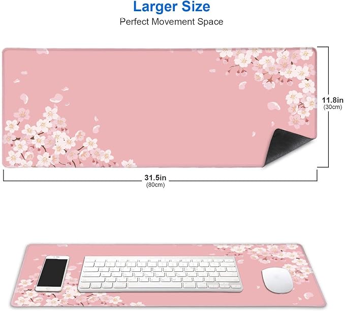 IMAYONDIA Pink Japanese Desk Mat, Cherry Blossom Large Gaming Mouse Pad, Non-Slip Rubber Base Mousepad for Women, Desk Pad for Work, Game, Office, 31.5x11.8 Inch- Sakura Flowers Aesthetic - Image 2