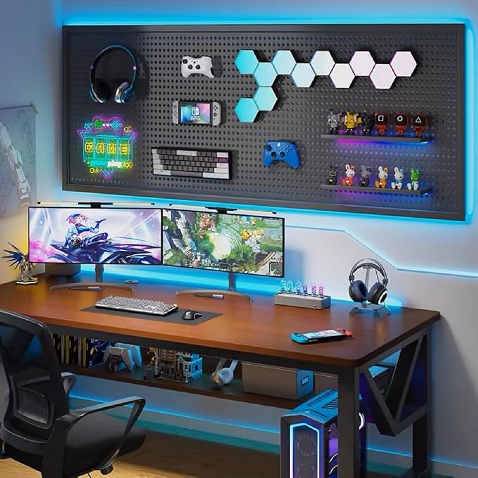 RGB Gaming Wall Organizer Peg Board with RGB LED Strip Lights, 2PCS Metal Gamer Wall Decor Peg Board with Hooks, DIY Gaming Setup Organizer PegBoard Gaming Wall Accessories 12 * 24” - Image 7