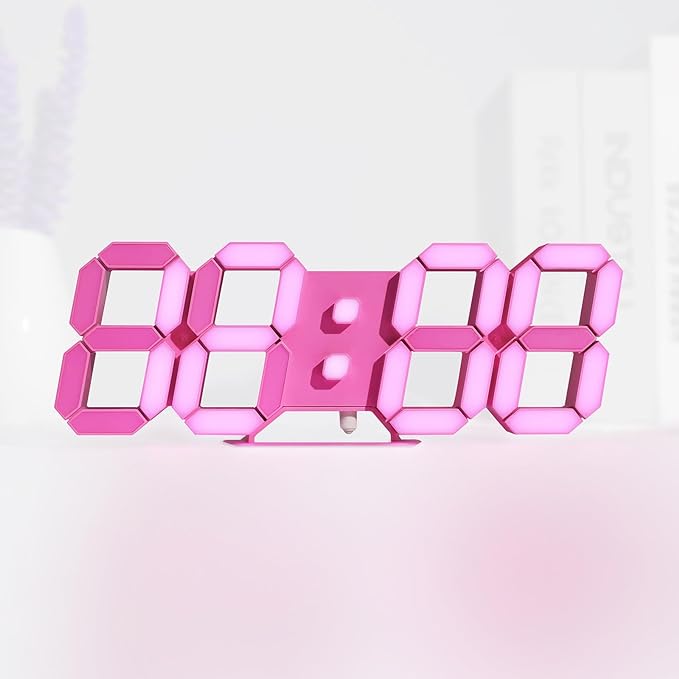KOSUMOSU Pink LED Clock 3D Wall Clock 9.7" Table Clock for Living Room Modern Digital Clock for Bedroom Aesthetic Bedside Desk Clock with Remote/Dimming/12/24H/Temp/Alarm Clock/Date by KOSUMOSUTECHNOLOGY