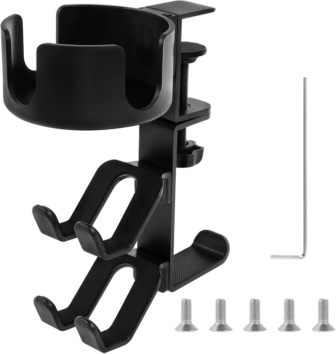 4 in 1 Desk Cup Holder with Headphone Hanger and Controller Stand Gaming Accessories, Under Desk Clamp Rotatable Headset Holder,Adjustable&Rotating Upgraded Arm Clamp,Desk Controller Holder (Black) by QENWKXZ