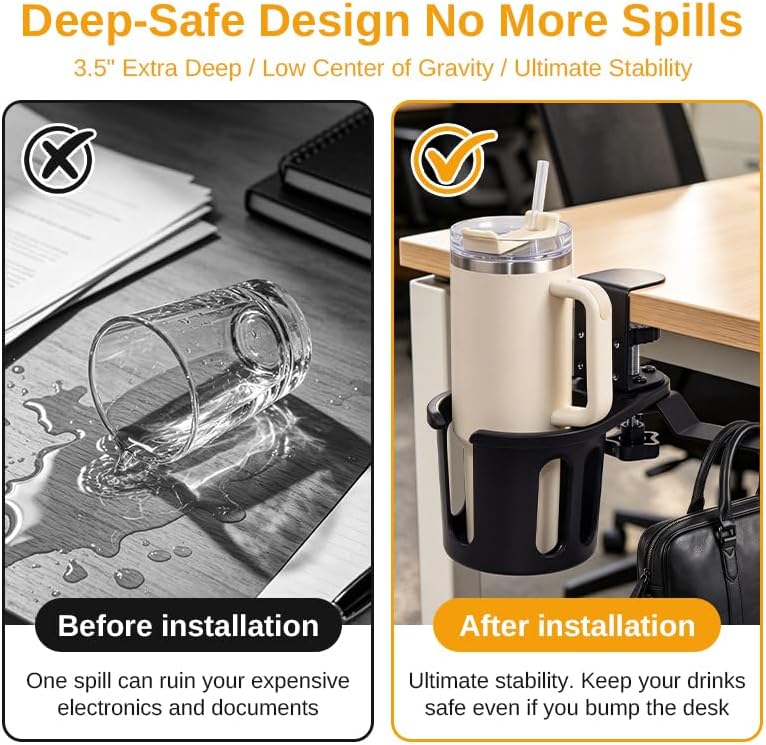 Desk Cup Holder, Clip-On Clamp for Gaming Desks, 360° Swivel Headphone Hook - Image 2