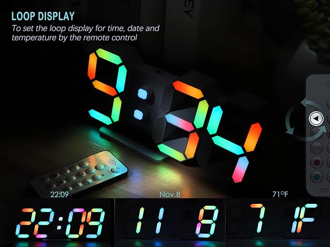 KOSUMOSU Wall Clock Neon Digital Clock 3D LED Desk Clock Large Display 9.7" RGB Clock Alarm Clock for Bedroom Living Room,Remote,Brightness Dimming, Date,Temp - Image 5