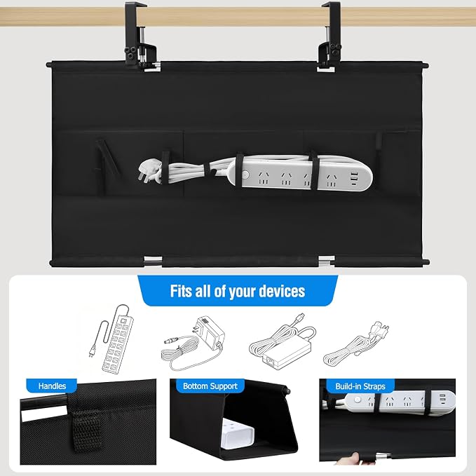 Under Desk Cable Management Tray - Heavy Duty No-Drill Clamp & Screw Mount, 28-Inch Cord Organizer for Home Office, Gaming Setup & Study Room, Holds Power Strip & Large Adapters (Black, 28"L x 5.5"W) - Image 2