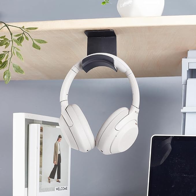 AHANDMAKER 2 Pack Headphone Stand for Desk Headphone Holder with Adhesive Gaming Headphones Hanger Under Desk Shelf Mounting Hooks for Bedroom Gaming Setup Organization, Black - Image 4