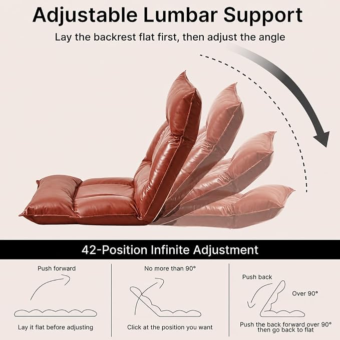 Floor Chair with Back Support, 42-Position Adjustable Gaming Chair for Adults, Faux Leather Floor Lounger, Reading Chairs with Neck Support, Foldable Floor Seat for Sleeping, Gaming (Wine Red) - Image 4