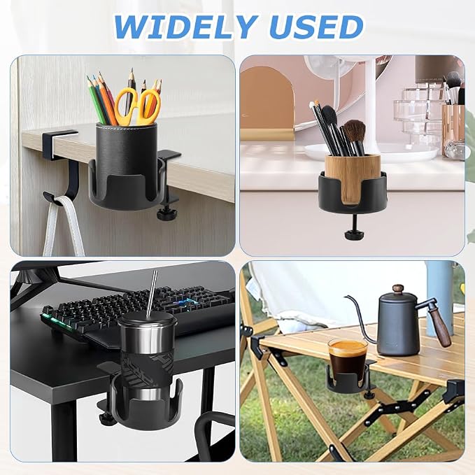 Desk Cup Holder Clamp & Hook, Anti-Spill Cup Holder, Headphone Hook, Adjustable Height, Black Aluminum - Image 6