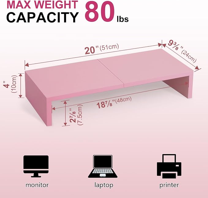 TEAMIX Pink Monitor Riser-20L inch, Wood Monitor Stand for Desk, Sturdy TV/Screen/PC/Printer/Laptop Riser,Computer Shelf with Storage TV Holder for Home Office (Pink, 20 inch) - Image 6