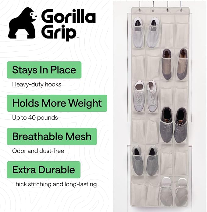 GORILLA GRIP Over the Door Shoe Organizer, 24 Large Pockets, Linen - Image 2