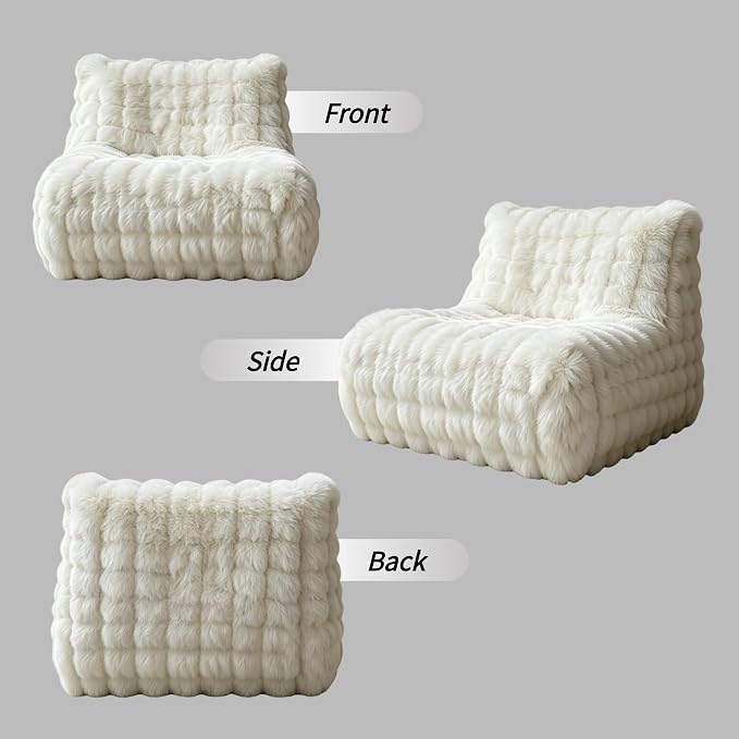 Cozy Memory Foam Faux Fur Floor Bean Bag Chair, White | Soft fluffy faux fur exterior, memory foam padded bean bag, versatile lounge seat for bedroom decor & leisure use - Image 6