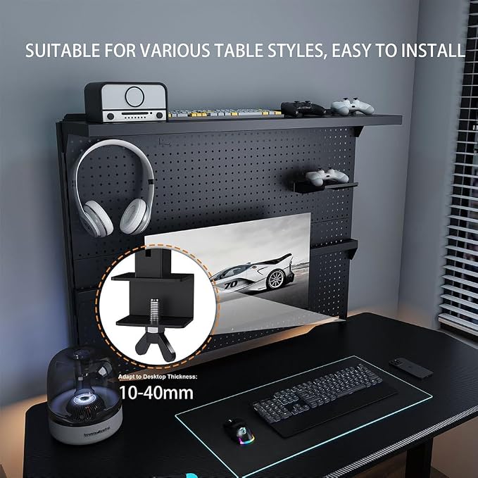 Clamp-On Desk Pegboard with Single Monitor Stand, 43" Steel Peg Board Organizer for Office & Gaming Setup, Modular Storage with Hooks & Movable Partition, Fits 0.59"–1.77" Desks, Black - Image 4
