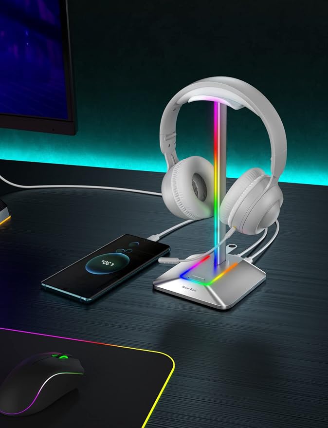 New Bee RGB Headphone Stand with 1 USB-C Charging Port and 1 USB Charging Port, Desk Gaming Headset Stand with 7 Light Modes and Non-Slip Rubber Base Suitable for All Earphone Accessories (Silver) | USB-C & USB Charging Ports, Stable Desktop Earphone S... - Image 6