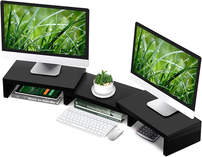TAVR Dual Monitor Stand Riser Office Desktop Organizer Stand for 2 Monitors, Adjustable Length and Angle 3 Shelf, Extra Long Multifunctional Stand up to 48.2" fit Computer, Laptop, TV, Black by TAVRFurniture