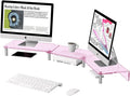 Pink Acrylic Dual Monitor Stand Riser，Adjustable Length Angle for 2Monitors | Double Computer Monitor Riser for Desk with Anti Slip Pad，Desktop organizer Stand for Laptop,PC,Printer,TV，Desk Accessories by HEWYIOS