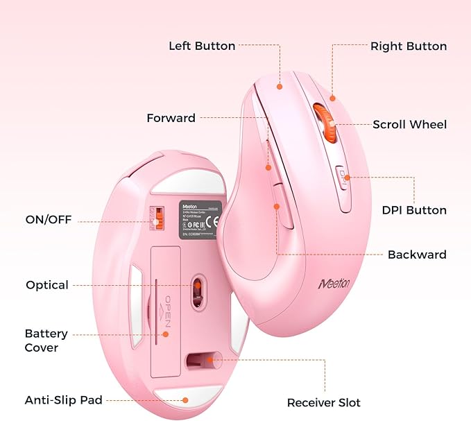 MEETION Wireless Keyboard and Mouse Combo, Full-Size with Wrist Rest, Pink - Image 4