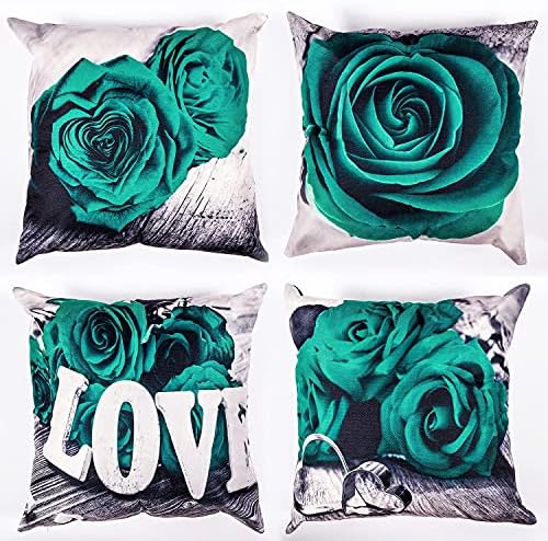 Green Throw Pillow Covers 18x18 Inch Set of 4 Turquoise Rose Pillow Cover Couch Decorative Love Sing Flower Square Pillow Cases for Bedroom Sofa Chair Outdoor Cushion Cover Modern Home Decorations - Image 5