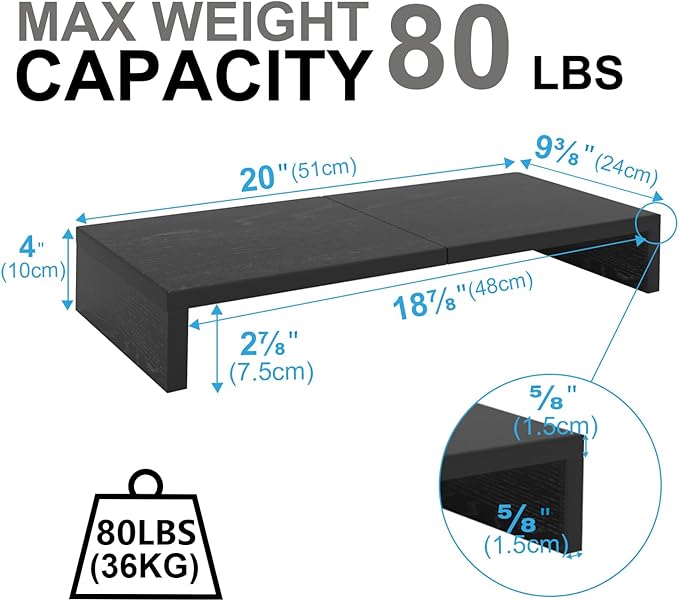 TEAMIX 2-Pack Monitor Stand Riser 20 inch, Wood Desk Computer Shelf, Black | For 2 Monitors, Laptop, Printer, TV, PC Tower, Full Keyboard Storage Underneath, Desk Organizer for Home Office, Gaming Setup - Image 5