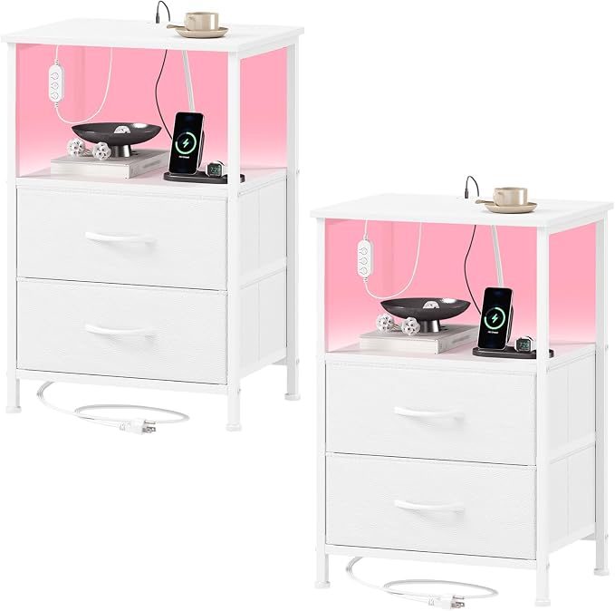 Somdot Nightstands Set of 2 with 2 Drawers, Charging Station & LED Light by Somdot