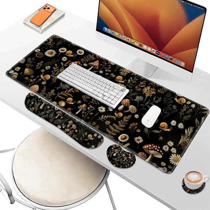Desk Pad and Keyboard Wrist Rest, Large Mouse Pad + Keyboard Pad+Mouse Wrist Support, Non-Slip Desk Mat Protector for Office, Home 31.5×11.8 Inches Mushroom - Image 6