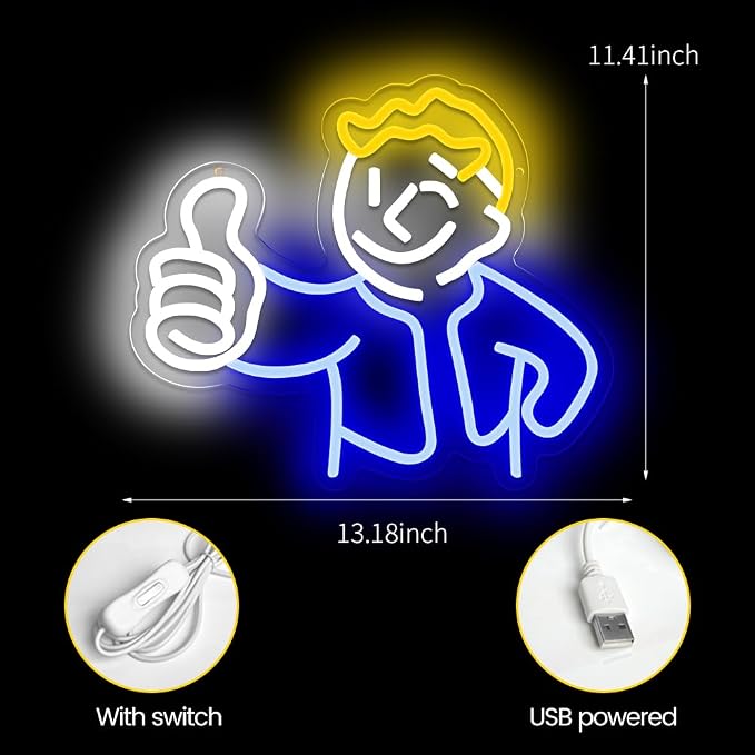Gaming Neon Sign Vault Boy Neon Signs for Wall Decor Game Neon Light Gamer Mave Cave Bedroom Vault Boy Neon Light LED Signs for Wall Light Up Game Neon Signs for Gamer - Image 2