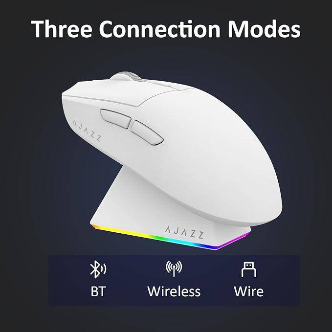 AJAZZ AJ139 V2 MC Wireless Gaming Mouse with RGB Charging Dock, 66g Ultra-Lightweight Tri-Mode Optical Mouse, 12000 DPI PAW3311 Sensor, Ergonomic Rechargeable Gaming Mouse for PC/Mac - White - Image 4
