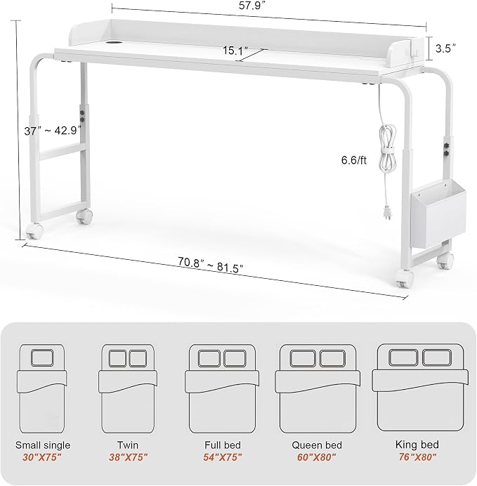 Overbed Table with Wheels, Mobile Bed Table with Adjustable Height Length, Desk for Bed Queen King Size with Charging Station and LED Light, Rolling Table for Eating, Laptops, Hospitals - Image 2