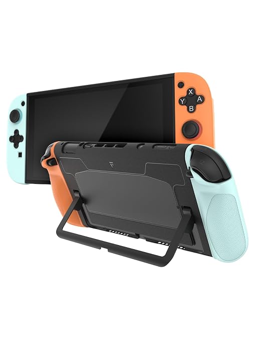 TUDIA Snap-On Case Compatible with Nintendo Switch 2 (2025) - [Kickstand Access] Dockable Slim Scratch-Resistant Console PC Cover with Enhanced Shockproof TPU Handheld Grip (Red/Blue, Black Back) by TUDIA