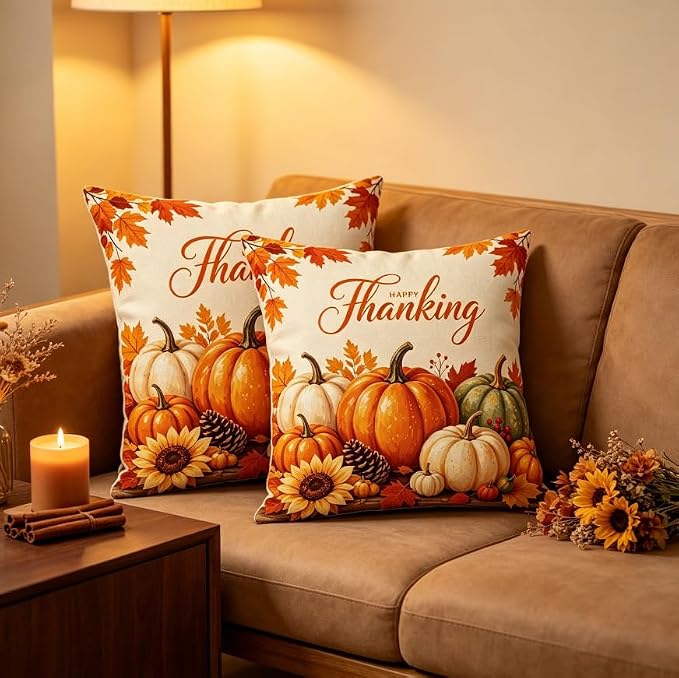 Thanksgiving Throw Pillow Covers, Linen, 18x18 Inch, Set of 2, Happy Thanksgiving Pumpkin Fall Design, Farmhouse Style, Machine Washable - Image 5