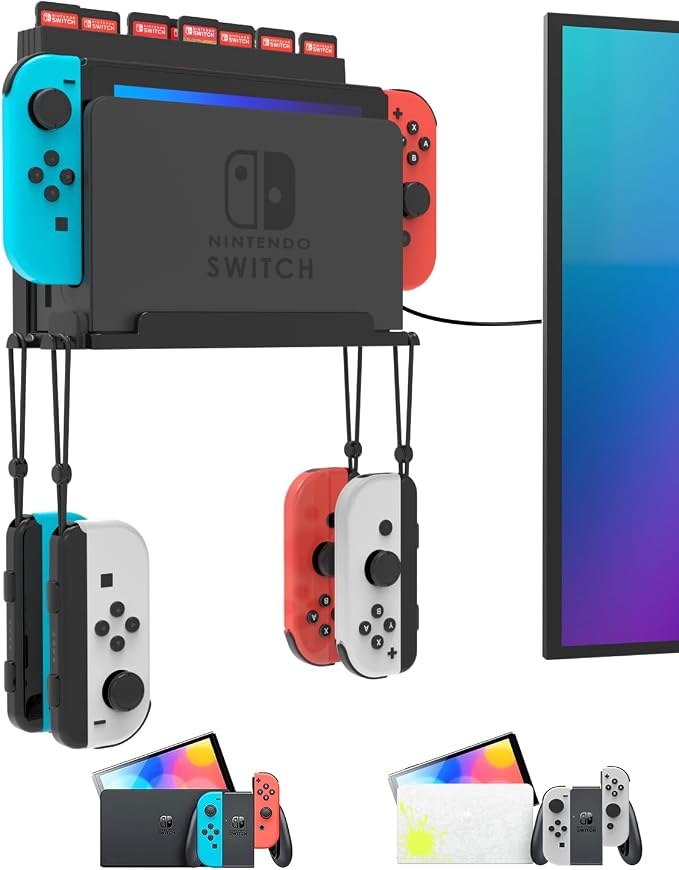 Wall Mount for Nintendo Switch and Switch OLED with 28 Game Card Holders and 4 Joy Con Hooks, Organize Switch Console Behind TV, Ideal Gift for Gamer, Black by Nargos