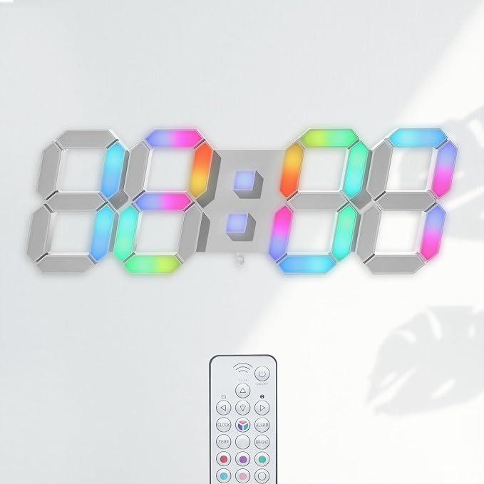 KOSUMOSU LED Wall Clock 15" RGB Digital LED Clock for Living Room Decor, Large Display Gaming Room Clocks, Dimming/12/24 Hr Time/Date/Temp/Remote (White Clock with Neon Light) by KOSUMOSUTECHNOLOGY