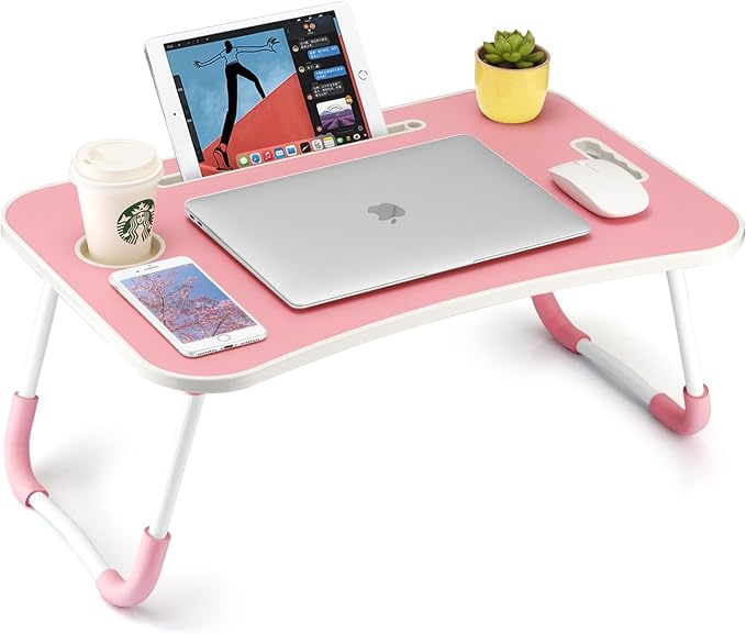FISYOD Foldable Laptop Table, Portable Lap Desk Bed Table Tray, Laptop Stand with Cup Holder & Tablet Slot & Lifting Handle for Working Writing Drawing & Eating (Pink) by FISYOD
