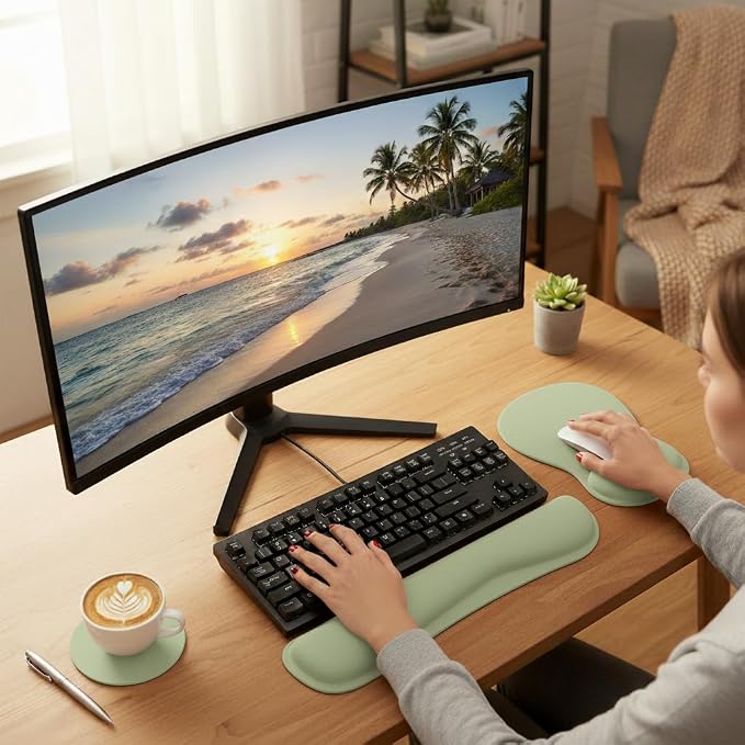RICHEN Wrist Rest Support for Mouse Pad&Keyboard Set with Coaster,Concave Curved Memory Foam, Non-Slip Base Pain Relief Comfortable Easy Typing Pad for Home/Office (Sage Green) - Image 4