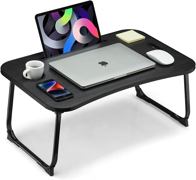 Foldable Lap Desk, Laptop Bed Desk, Portable Lap Table, Laptop Bed Table with Cup Holder & Tablet Slot & Lifting Handle for Working Writing Drawing & Eating - Black Wood by VIFOCAE