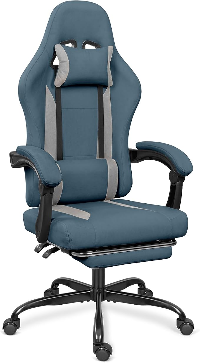 Breathable Fabric Gaming Chair with Footrest - Blue/Light Grey | 90°-135° Recline, 18.5”-22.4” Height Adjust, Breathable Fabric, Footrest for Rest, for Gaming/Office, 15 Min Assembly by Ergodesign