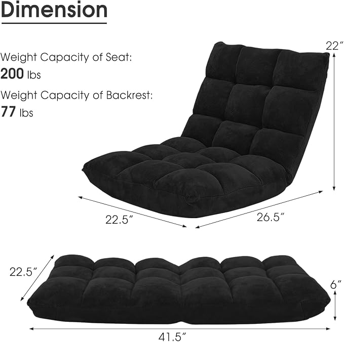 GIANTEX Floor Chairs for Adults, Floor Gaming Chair w/Back Support (Black) | Coral Velvet, 14 Adjustable Position, Thick Sponge Padding, Floor Seating Lounge for Reading, Watching TV, Meditation - Image 3