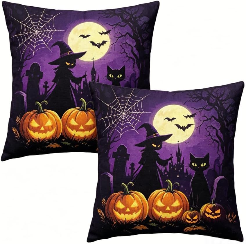 Halloween Throw Pillow Covers, Witch Pumpkin Bat Spider Web, Linen, 18x18 Inch, Set of 2, Machine Washable by Unknown