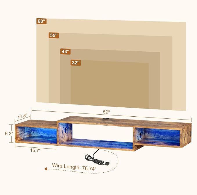 59 Inch Floating TV Stand, Wall Mounted Entertainment Center, Rustic Brown - Image 2