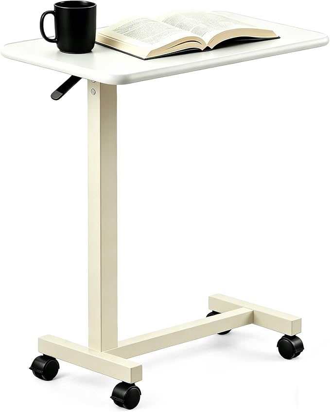 Adjustable Overbed Table with Wheels, Pneumatic Height Lift Rolling Bedside Table, Standing Desk for Home & Office Use, Ideal for Seniors & Limited Mobility(White) by Unknown