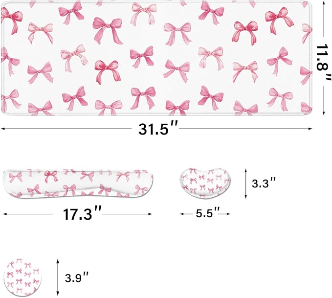 Desk Pad and Keyboard Wrist Rest, Large Mouse Pad + Keyboard Pad+Mouse Wrist Support, Non-Slip Desk Mat Protector for Office, Home 31.5×11.8 Inches Pink Bow - Image 4