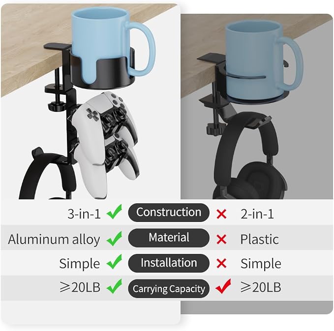 360° Rotating Desk Cup Holder with Headset Hanger | Controller Headphone Holder with Adjustable Headset Hanger Stand, Gaming Pc Accessories - Image 6