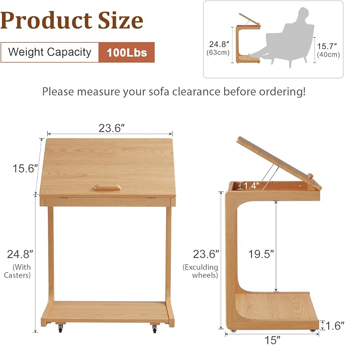 AQIMUELE Wooden C-Shaped End Table,Couch Table with Adjustable Desktop,Small Rolling Side Table with 2 Lockable Wheels 23.6" Width,Small End Table for Couch, Living Room,Bedroom (Natural) - Image 6