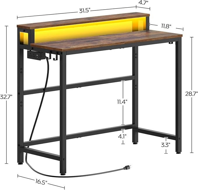 YATINEY Small Computer Desk with Charging Station and LED Lights, Gaming Desk with Monitor Stand, 2-Tier Home Office Desk with 4 Side Hooks, for Living Room, Home Office, Rustic Brown DN01UDBRY2 - Image 3