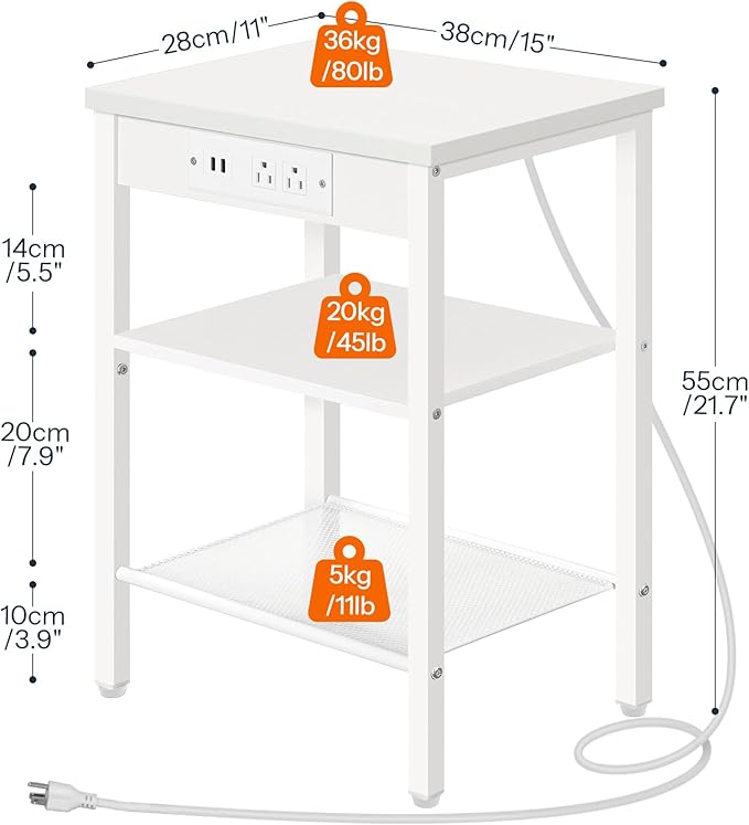 HOOBRO Side Table with Charging Station and USB Port, Small End Table for Small Space, 3-Tier Nightstand with Adjustable Shelf, for Living Room, Bedroom, White WW112BZ01 - Image 3