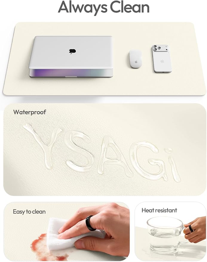 YSAGi Leather Desk Protector, Office Mat, Large Mouse Mat, Non-Slip PU Leather Blotter, Laptop Pad, Waterproof Writing Pad for Office and Home (Cream, 47" x 17") - Image 7