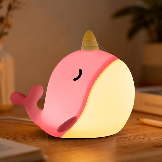 Cute Narwhal Night Light, Tap Control with 3 Warm White Brightness, USB Kids Bed Lamp with 30-Minute Timer, Soft Silicone Glow for Nursery, Birthday Gift (Pink Narwhal) by HPYDIY