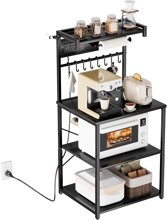 VEVOR Kitchen Bakers Rack with Power Outlets, 23.6 x 15.7 x 55.1 Inch Microwave Stand with Built-in Power Strip & 4.6 Ft Cord, 8 S-Shaped Hooks, for Dish Storage, Spice Jars, Coffee Bar Organization - Image 9
