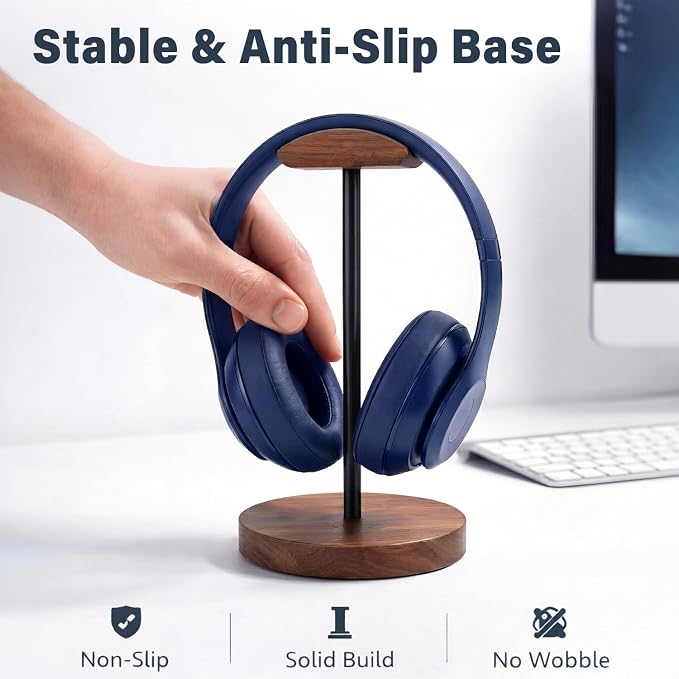 Wood & Metal Headphone Stand, Headset Holder for Desk, Desktop Gaming Headphone Hanger with Stable Non-Slip Bamboo Base, Universal Earphone Stand for Gaming, Office, Home, Gift - Image 3