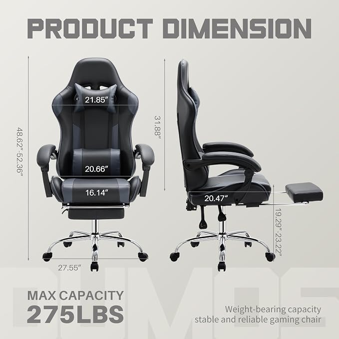 DUMOS Ergonomic Gaming Chair with Footrest, Home Office Desk Chair | PU Leather, Headrest, Linkage Armrests, Height Adjustable, 360 Swivel Reclining, Black Grey - Image 3