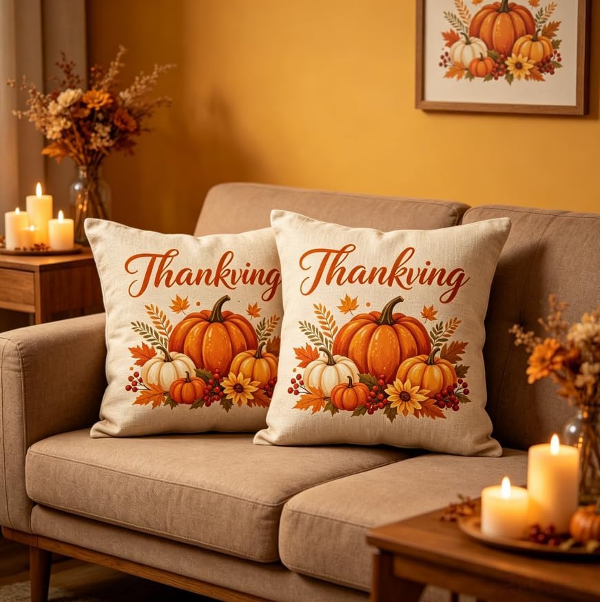 Thanksgiving Throw Pillow Covers, Linen, 18x18 Inch, Set of 2, Pumpkin Autumn Design, Farmhouse Style, Machine Washable - Image 4