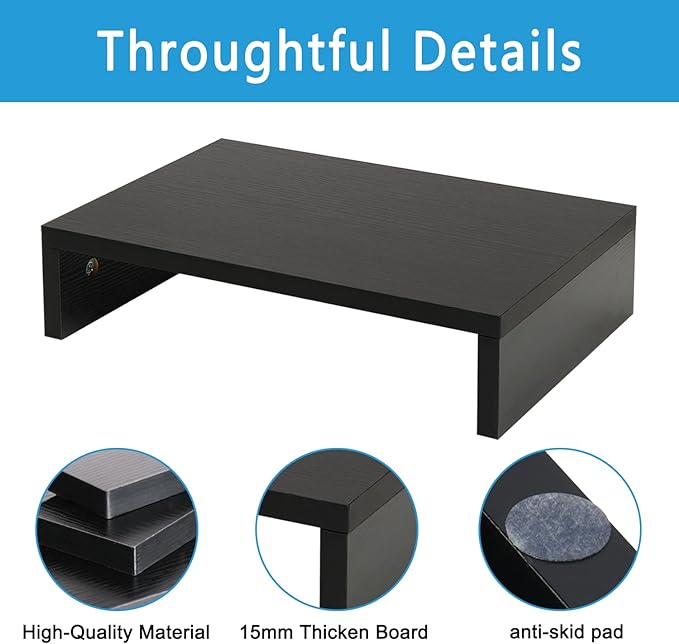TEAMIX Black Monitor Stand Riser, Wood Desk Organizer for Laptop & Computer | 14.2"L x 9.5"W, Holds 80 lbs, Small Riser with Storage, Ergonomic Minimalist Design, Easy Assembly, For Home Office, Gaming - Image 3