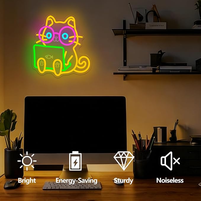 Nerd Cat Neon Sign Technical Support Cat Led Sign Dimmable Kitten with Glasses Playing Laptop Computer Neon Lights Funny Gift for Programmers Cat Lovers - Image 2